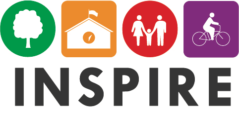 A program logo with abstract images of a tree, school building, family, and person on a bicycle about the word Inspire..